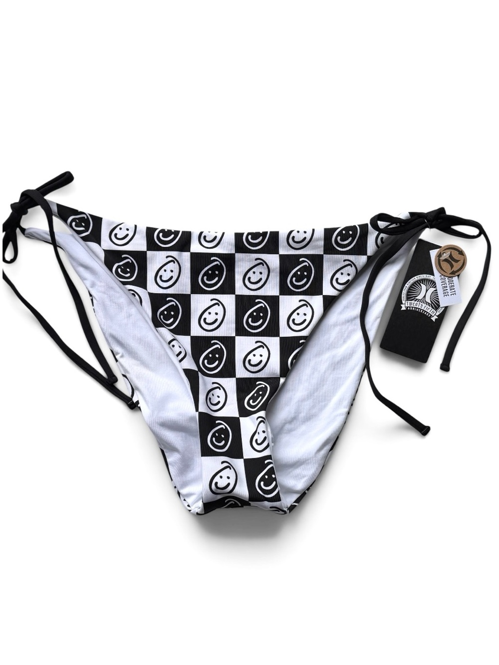 Hurley Black & White Smiley Face Check Reversible Side Tie Swim Bottoms Size XL